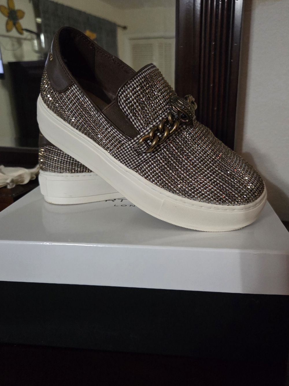 Kurt Geiger Brown Sparkle Chain Slip-On Sneakers